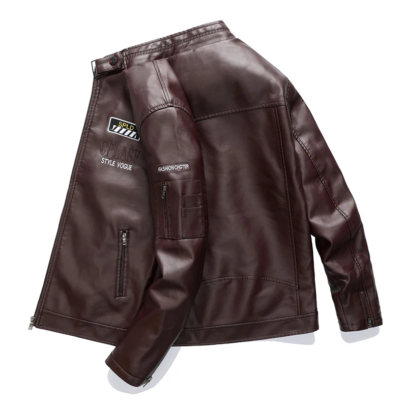 2021 Men's Winter Casual Embroidery Faux Leather Coats Jackets Men Autumn Motorcycle PU Fleece Windproof Jacket Biker For Male 1