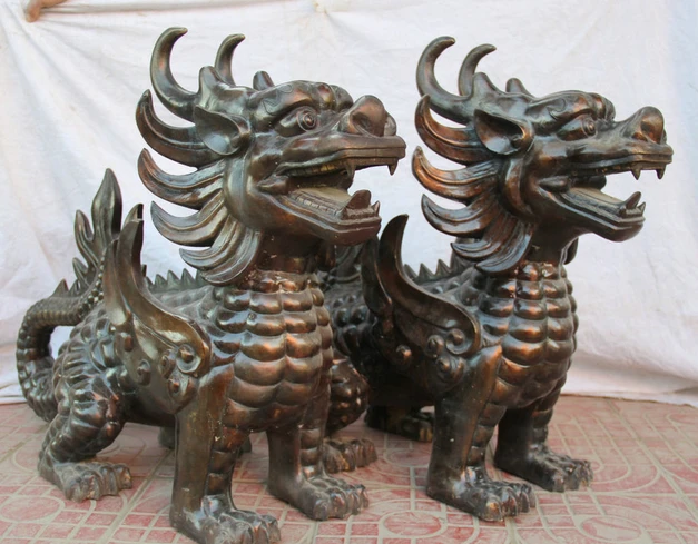 001459 3" Китайский Бронзовый зверь муха Kylin Chi-lin Qilin Скульптура Статуя Пара(A0414