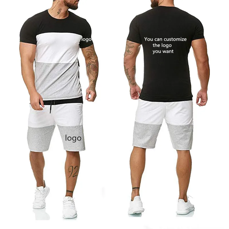 Fashion Summer new Men's T-shirt customize logo want Cotton Splicing high quality cotton short sleeve + shorts 2-piece set | Мужская