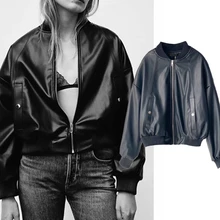 

Withered Fashion Leather Jacket Women England Style High Street Vintage Oversize Loose Motorcycle Leather Jacket Women Coat Tops