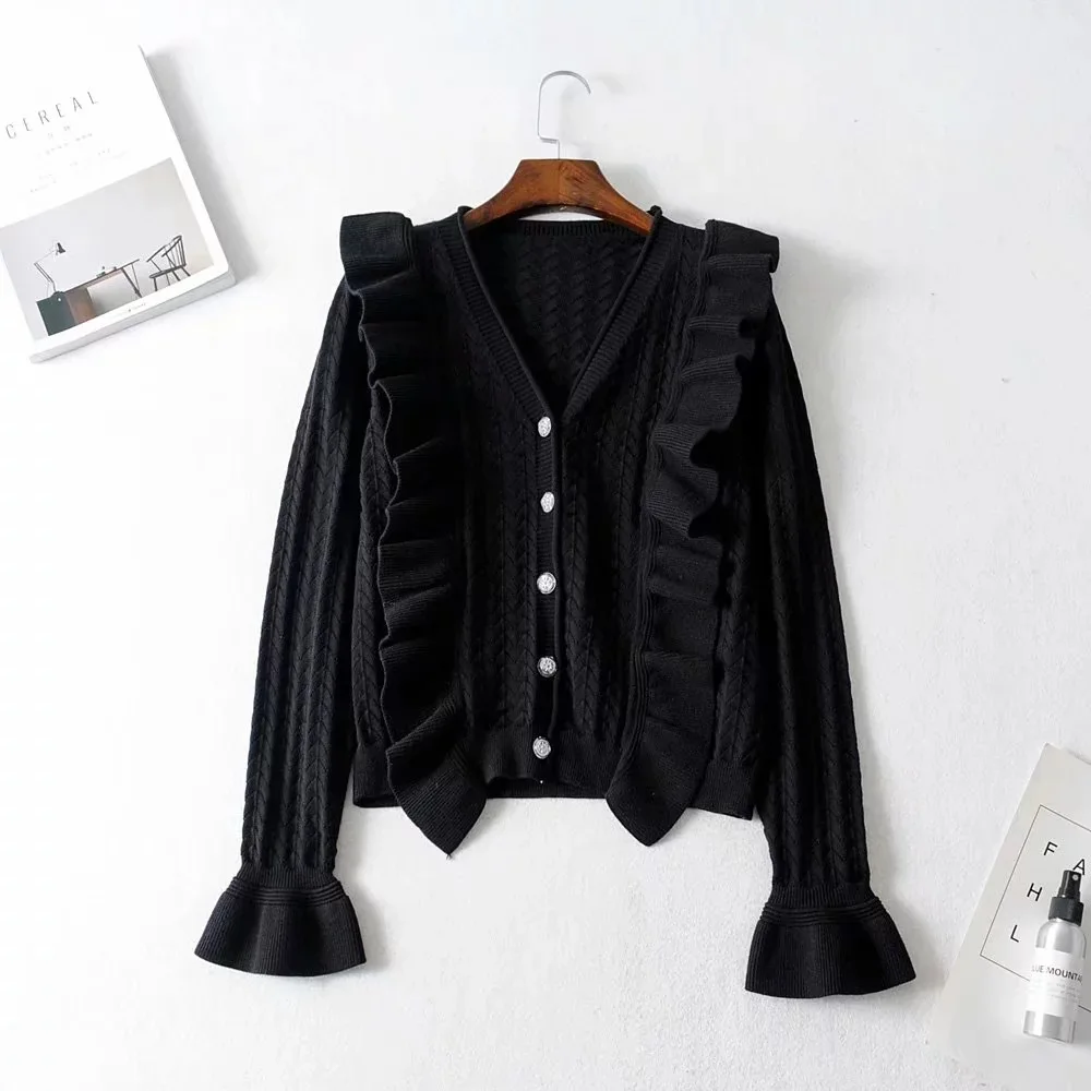 

LTD1199163 New 2019 New Solid Knitting Ruffles Flare Sleeve V-Neck Single Breasted Buttons Cardigans Sweater Women Vestidos
