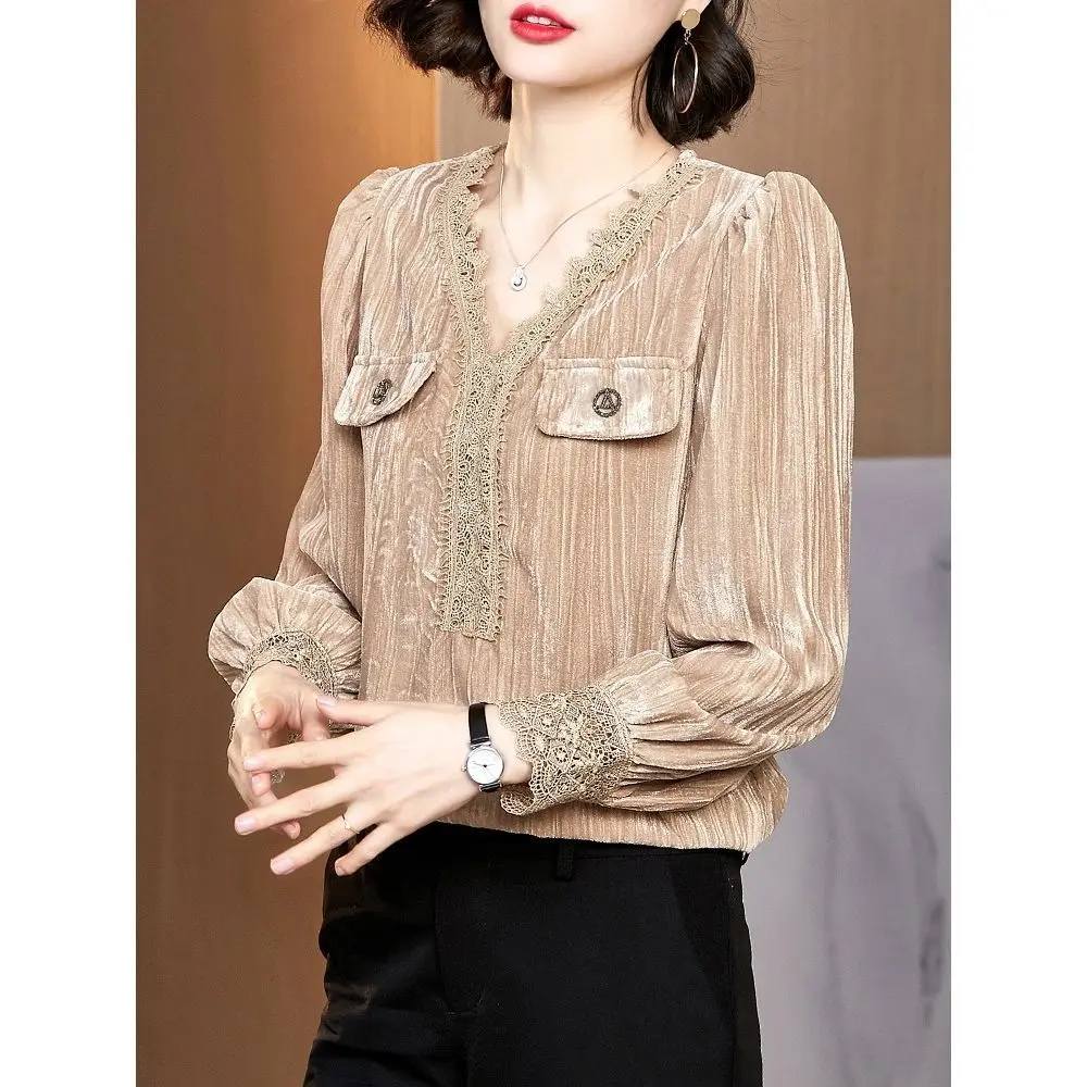 Women's Spring Autumn Style Blouses Shirt Women's Printed Long Sleeve V-Neck Loose Vintage Pleuche Tops DD9107