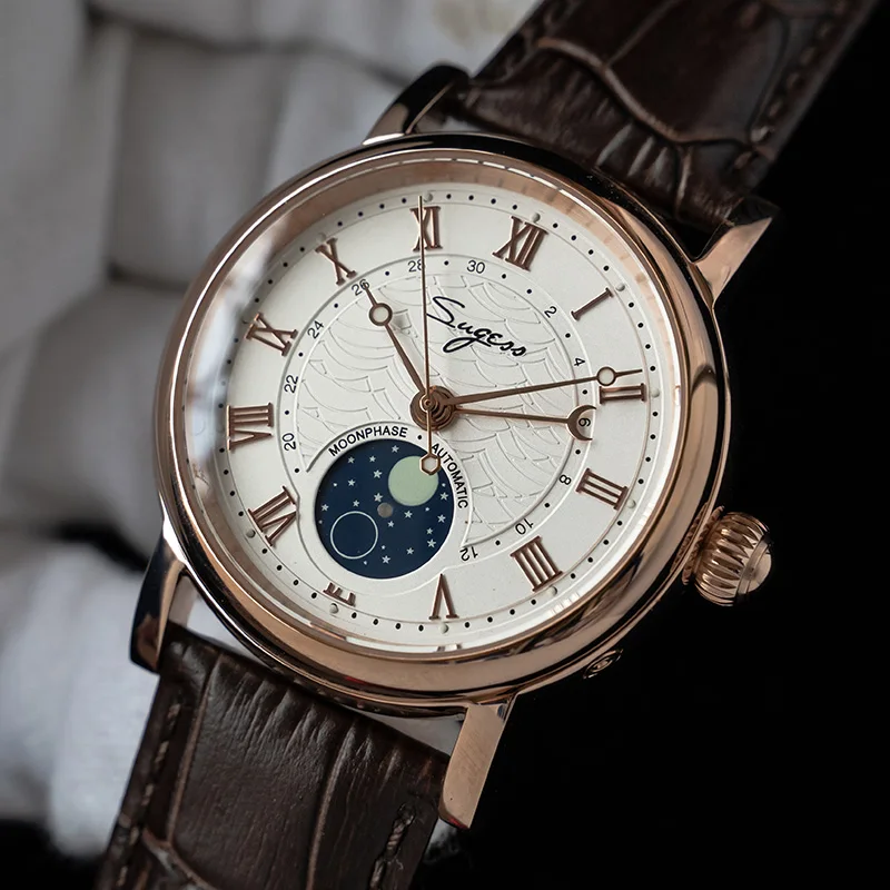 Gold Watch For Men Luxury Mechanical Automatic Seagull ST2108 Movement Moon Phase Sapphire Waterproof reloj automatico de hombre | Наручные