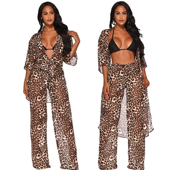 

Women Two Piece Set Long Sleeve Opened Cloak Blouse + Broad-legged trousers Pants Ladies Mesh Leopard Print Outfits Women Sets