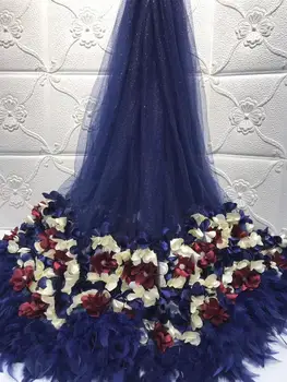 

Wholesale French fringed lace fabric with feather high quality handmade African glitter sequined fabric for royal wedding dress