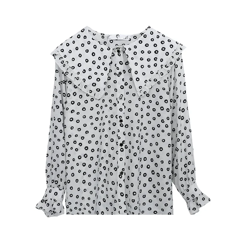 

4XL Women Chiffon Blouses Full Sleeve Dot Print Plus Size Summer Spring New Peter Pan Collar Lady Oversized Shirts&Blouses 3XL
