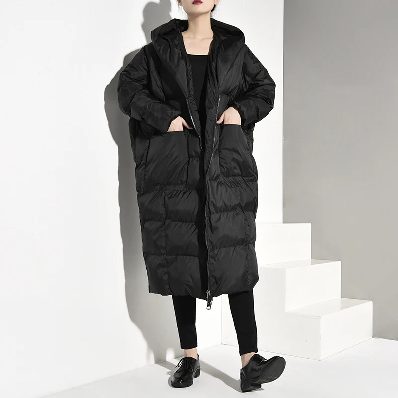 [EAM] Black Oversize Long Hooded Cotton-padded Coat Long Sleeve Loose Fit Women Parkas Fashion New Autumn Winter JD1210