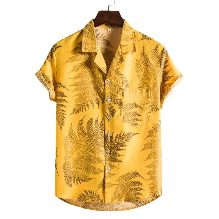 

2021 Men's Shirts Men Hawaiian Casual One Button Shirts Leaf Flower Printed Short-sleeve Beach Blouses Tops Camicias