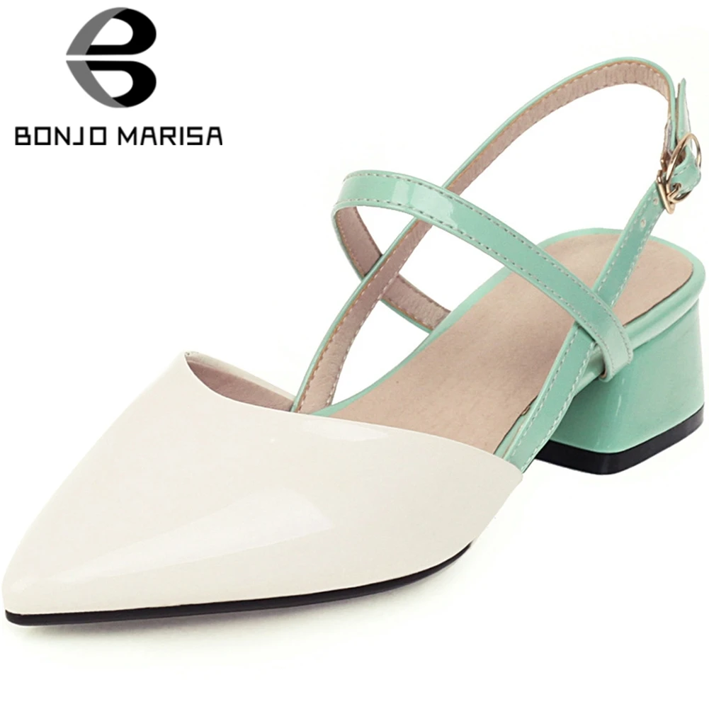 

BONJOMARISA Brand Lady Summer Sandals Pointed Toe Mixed Color Square Heel Sandals Women Buckle Strap Office Shoes Woman