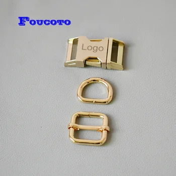 

10 sets engrave logo Dog collar metal buckle D ring adjuster buckle slider heavy hardware 15mm webbing straps sewing accessories