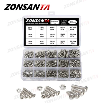 

ZONSANTA 440pcs Bolts and Nuts Set M3 M4 M5 Stainless Steel Hex Socket Button Head Cap Screws Bolts Nuts Assortment Kit Screw