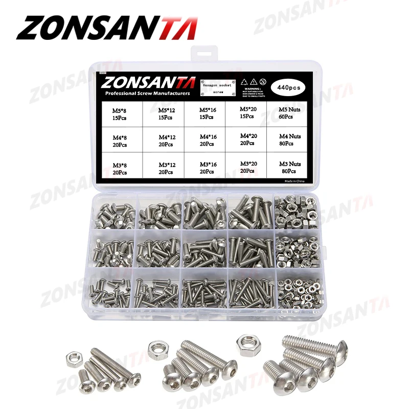 Болты и гайки ZONSANTA M3 M4 M5 440 шт. набор болтов гаек из нержавеющей стали с шестигранной головкой болты винтов в