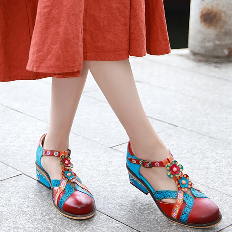 Sandalias de piel auténtica mujer, zapatos de tacón vintage, rojo, 2022|Sandalias de mujer| - AliExpress
