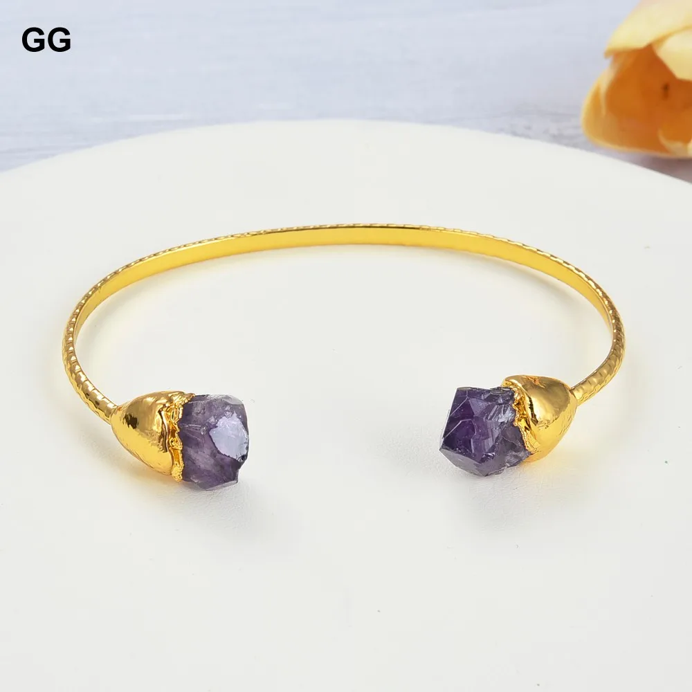 GuaiGuai Jewelry Natural Purple Amethyst Rough 24 K Yellow Golde Plated Bangle Bracelet