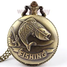 Античный винтажный Бронзовый Рыбалка скульптура карманные часы для мужчин и женщин ожерелье для подарков брелок цепь часы стимпанк Ретро кварцевые часы