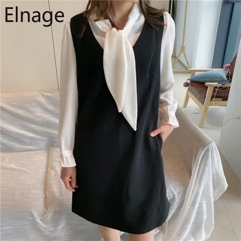 

Elnage Fashion Korean Spring Autumn White Long Sleeve Blouse Shirts for Women Black V Neck Mini Knee Length Short Dress 5A098