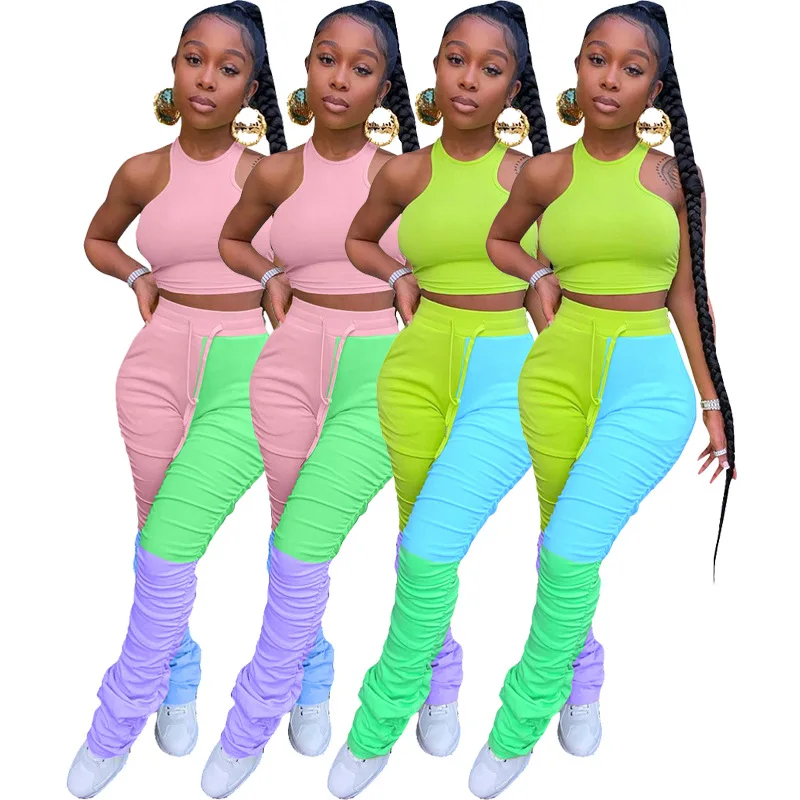 

New Patchwork Sleeveless Suit European and American Women's Tight Vest Pleated Pants Suit Two-Piece Set