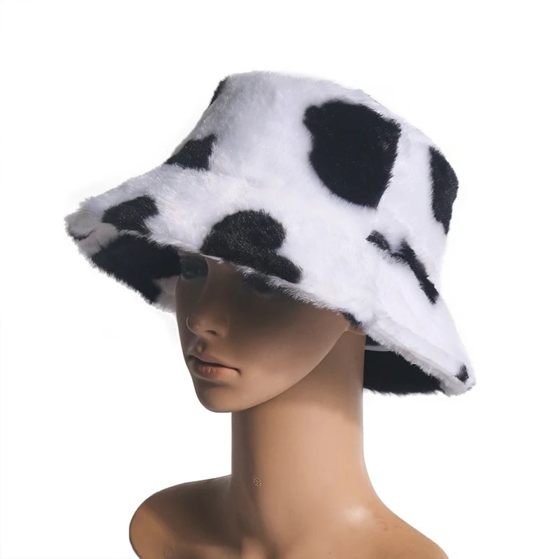 Fashion Faux Fur Cow Print Bucket Hats 