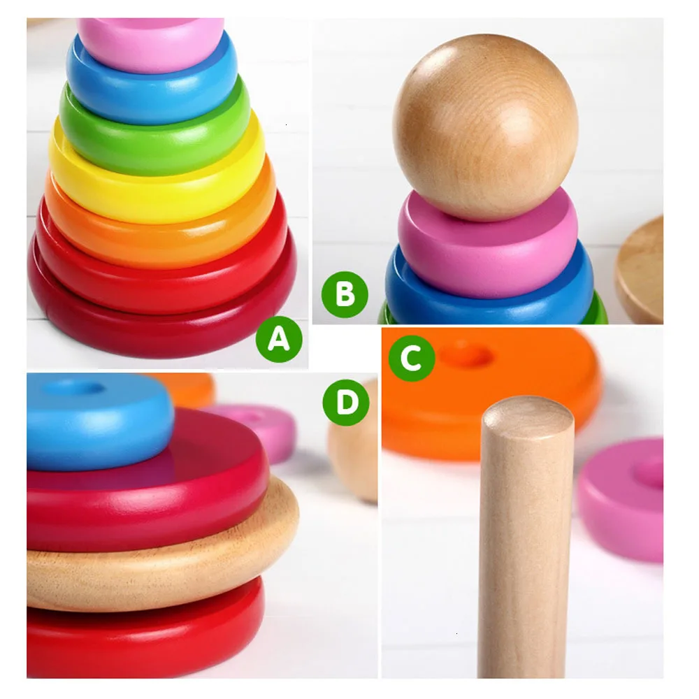  Kids Baby Wooden Toys Stacking Ring Tower Blocks Learning Educational Toys For Children Rainbow Sta