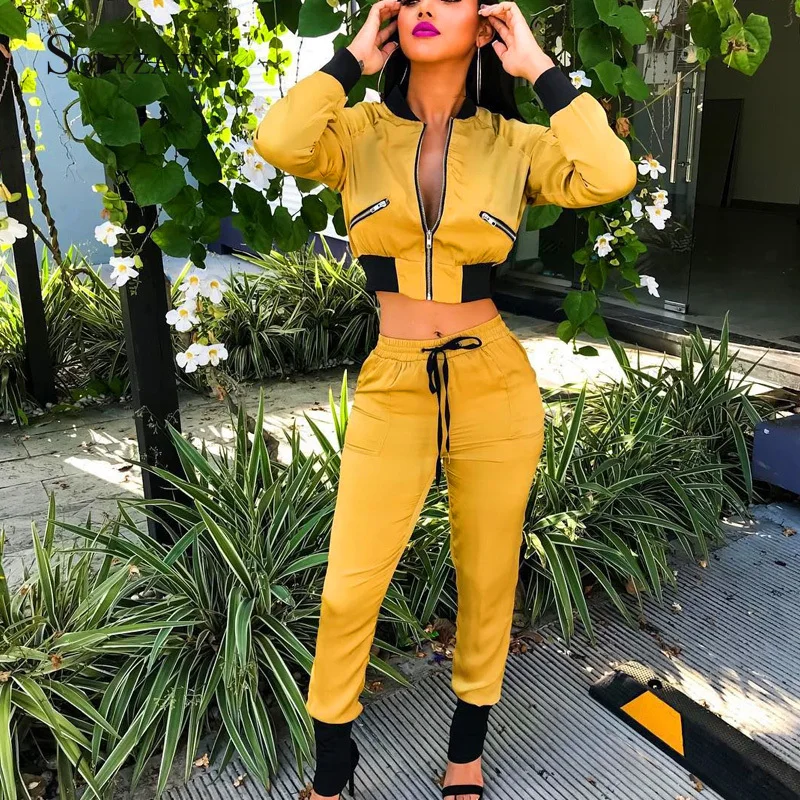 

Women Autumn Two Piece Set Fitness Zipper Tracksuit Tights Women Yellow Safari Style Outfits Training Suits Sportswear Pant Suit
