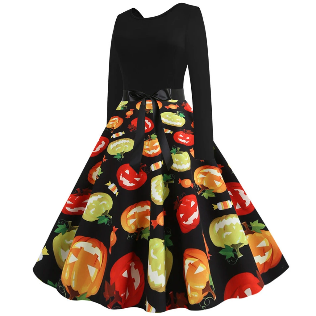 New Evening Party Dress Autumn Vintage Long Sleeve A Line Dresses O Neck 50s Housewife Halloween Pleated Dress Winter Ladies 805