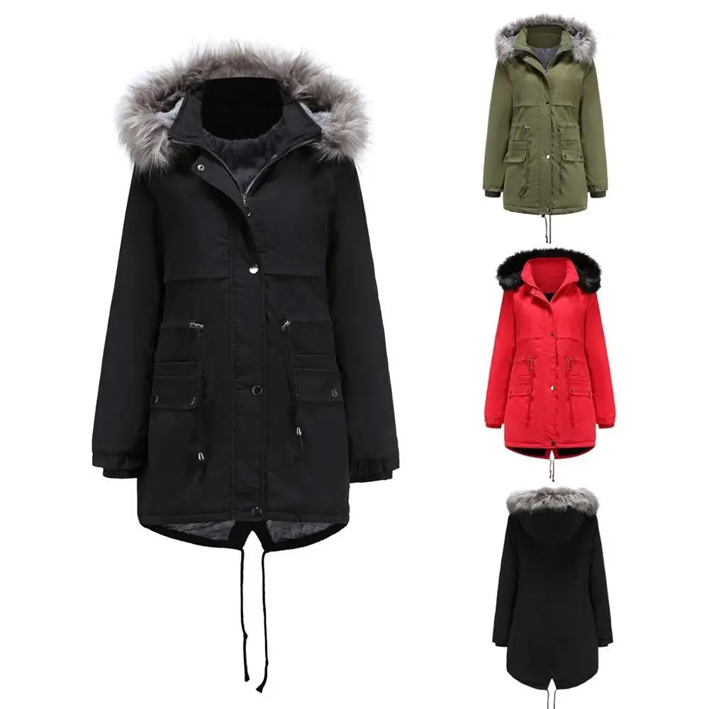 Women Fleece Cotton Parka Jacket Fur Hooded Winter Snow Coat Red Thickened Warm Overcoat Fur Lined Outerwear Jacket