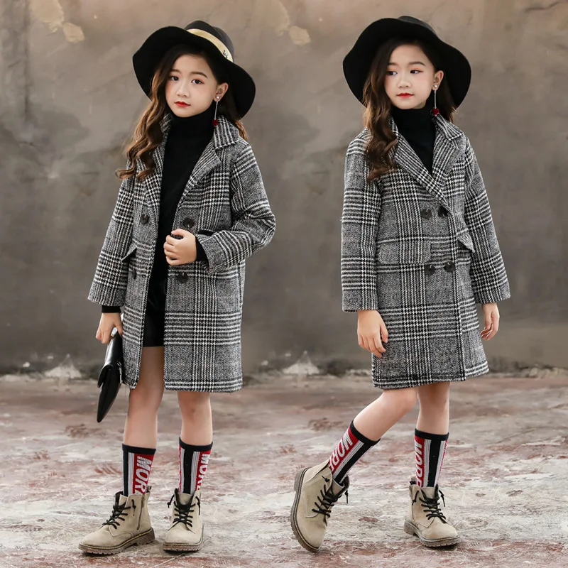 

Kids girl overcoat Winter new fashion Houndstooth wool coat for girls Teens Children autumn jacket warm long outerwear 3-12y