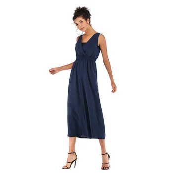 

2020 Summer Solid V-neck Women Chiffon Jumpsuits Ladies Shoulder Strap Tops Ankle-length Wide Leg Pants Sleeveless loose Rompers