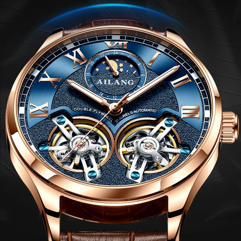 AILANG оригинальный бренд Мужские часы Роскошные Механические часы двойной турбийон стальной ремешок модные автоматические часы