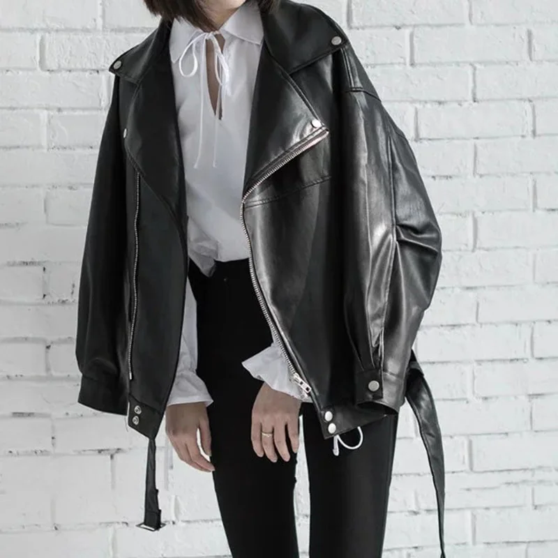 

Classic Motorcycle Biker Faux Leather Jacket Women Loose Coat with Pockets Female Pleated Lantern Sleeve Coat  