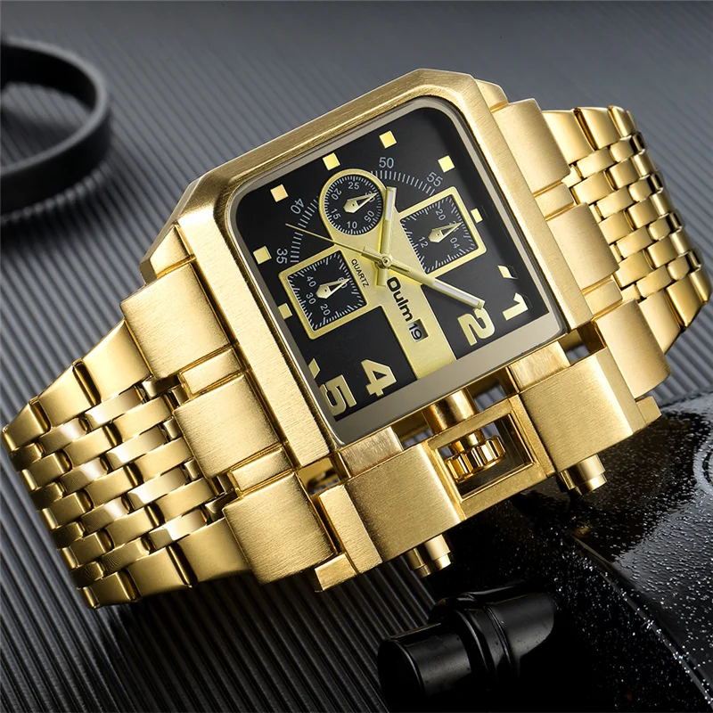 Oulm Golden Steel Male Quartz Wristwatch Large Dial Luxury Brand Auto Date Antique Men's Military Watches Relogio Masculino medieval knight helmet antique replica larp copper steel