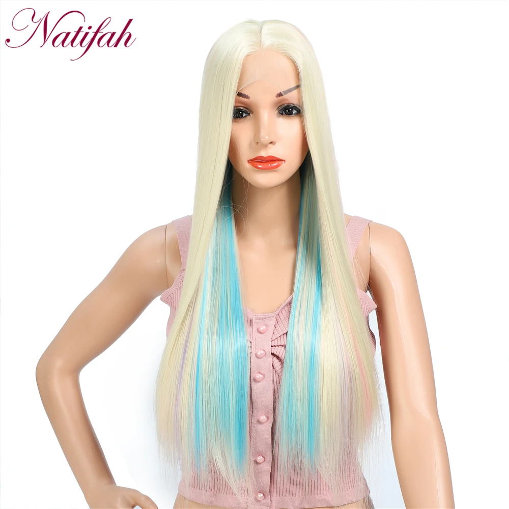 Светильник Natifah, парик блонд, длинный прямой парик, синтетический парик на кружеве, 26 дюймов, средняя часть, Термостойкое волокно для черных женщин