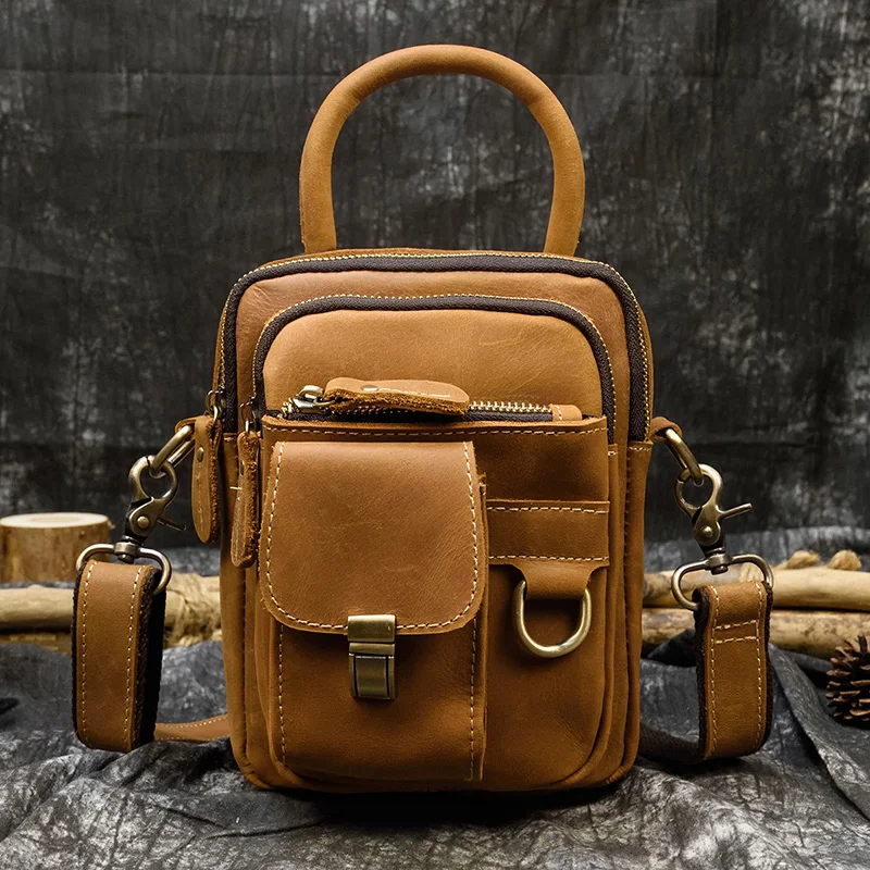 

Men crazy horse genuine leather shoulder bag cowhide double zipper pockets multifunctional messenger bag Vintage mini handbag