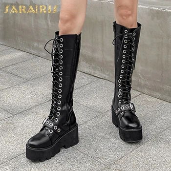 

Sarairis New Design 2020 Autumn Knight Boots Woman Shoes Platform Top Quality Leather Belt Buckle Trendy Motorcycle Boots