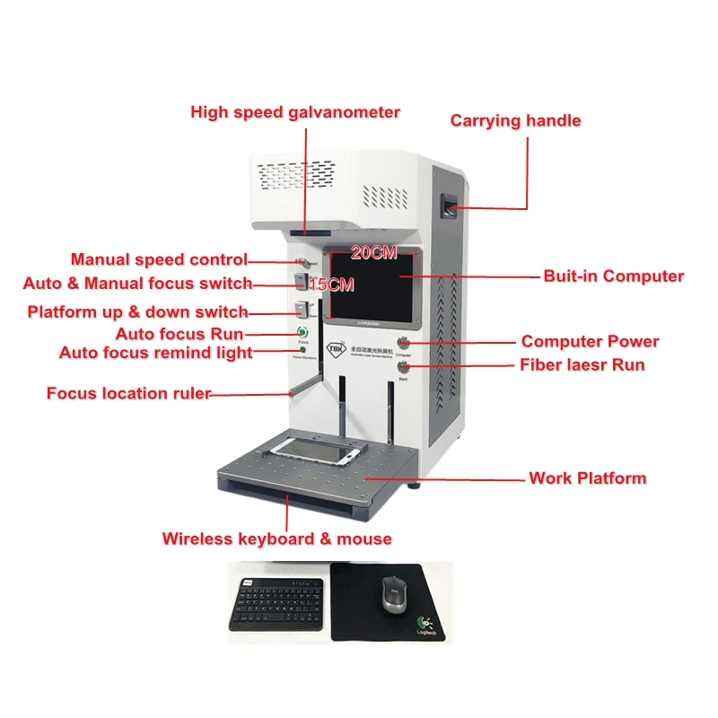 Автоматическая фокусировка волоконная Лазерная ремонтная маркировочная машина все в одном 20 Вт Встроенная компьютерная волоконная лазерная гравировка для металлической стеклянной рамы