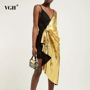 

VGH Patchwork PU Leather Irregular Dress For Women V Neck Spaghetti Strap Backless High Waist Ruched Dresses Female New