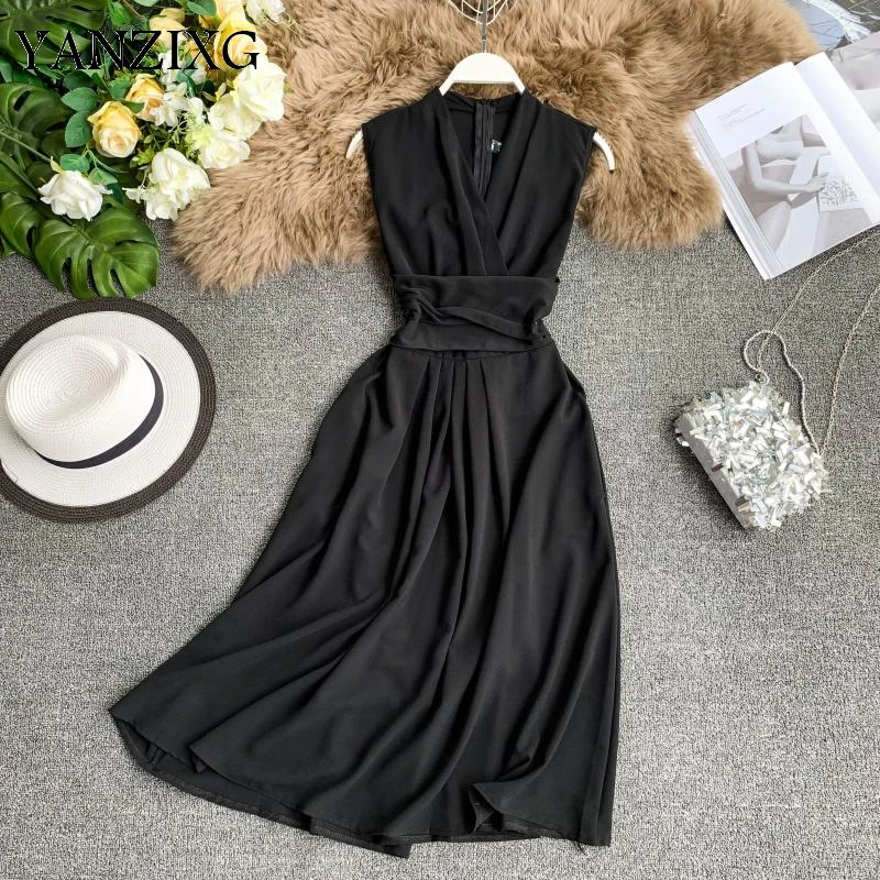 

Sexy Dress Women Summer 2019 New Arival V-neck Sleeveless Dresses French Chic Cross Drawstring Slim Waist Vestidos S483