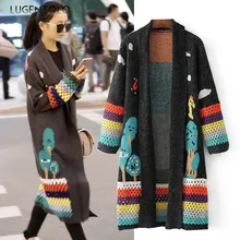 Lugentolo, женский свитер, осенний,, модный, кардиган, полый, мультфильм, двойной крючок, цветок, вязаный, длинный свитер