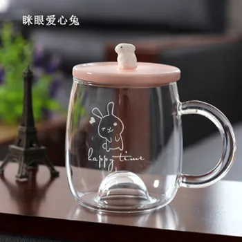 

Rabbit Cup Cartoon Rabbit High Borosilicate Glass Creative Transparent Cup With Porcelain lid Coffee cup Student cup