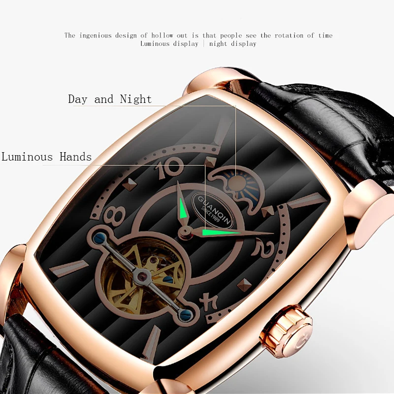 GUANQIN Tourbillon часы Автоматические Брендовые мужские механические роскошные часы Скелет прямоугольник кожа золото мужские часы