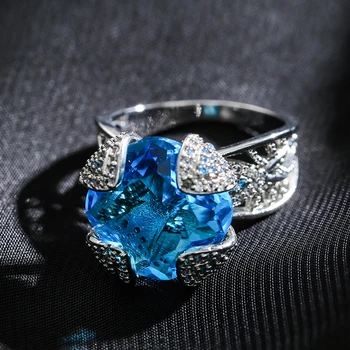 

Kinel Jewelry Fashion Princess Cut 18 CT 15*15mm Huge Blue Zircon Silver Color Engagement Rings wedding Heart Rings Rings Gifts