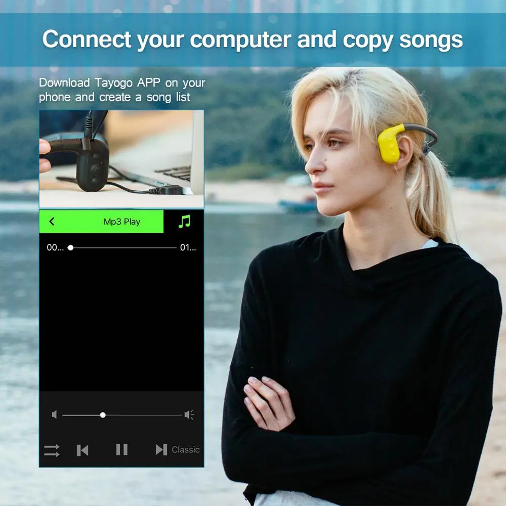 Tayogo Bluetooth костная проводимость наушники Bulit-in MP3-плеер с fm-приложением шагомер IPX8 водонепроницаемый 8 Гб плавательный музыкальный плеер