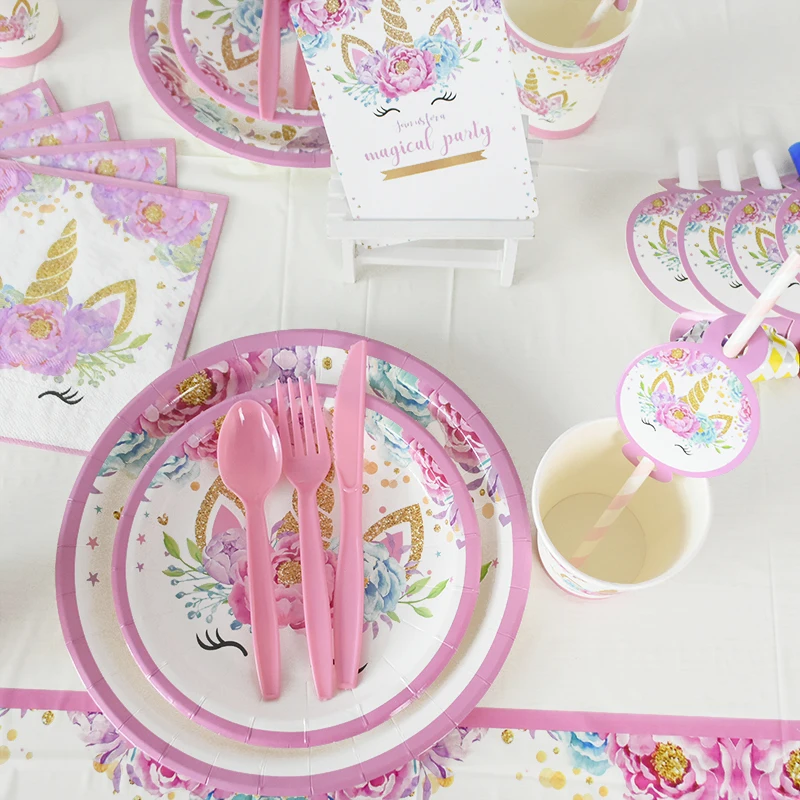 Розовый Единорог одноразовая посуда тарелки салфетки чашки баннер для вечеринки в честь Дня рождения детский душ свадебное оформление мероприятий поставки