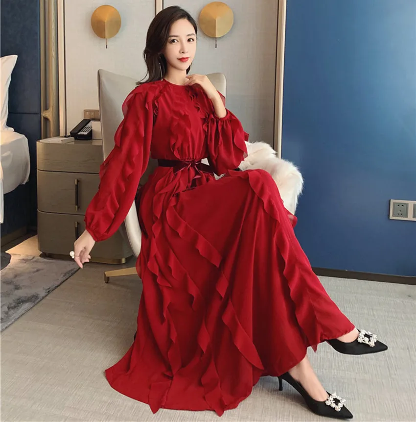 HAMALIEL, элегантное подиумное осеннее длинное платье для вечеринки, женское шифоновое платье с оборками, Красное длинное платье с рукавом-фонариком, модное платье с поясом - Цвет: Красный