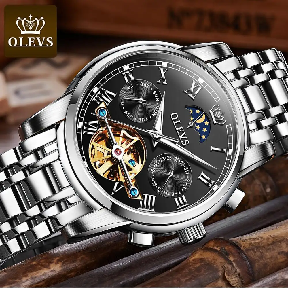 OLEVS Top Brand Men Watch Automatic mechanical watch Dress Luxury moon light phaseTourbillon Wristwatch Gifts for Male