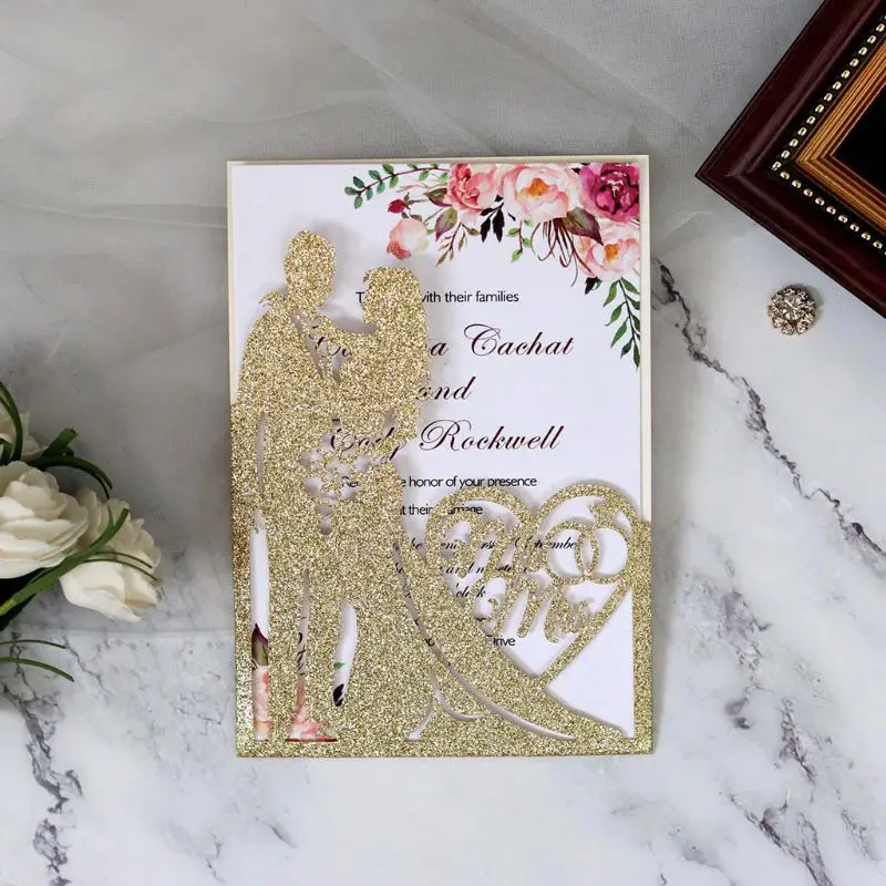  10pcs/set Glitter Laser Cut Mr & Mrs Wedding Invitations Card Party Supplies - 4.00027E+12