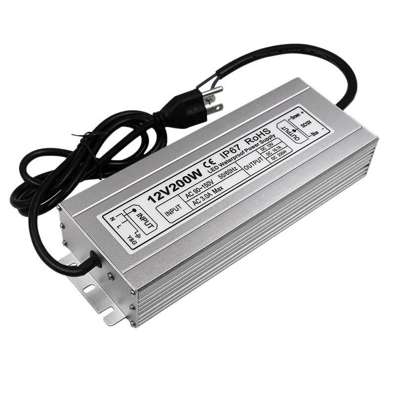 IP67 12V DC 200W Светодиодный источник питания высокой мощности Трансформатор водонепроницаемый для наружного использования США штекер