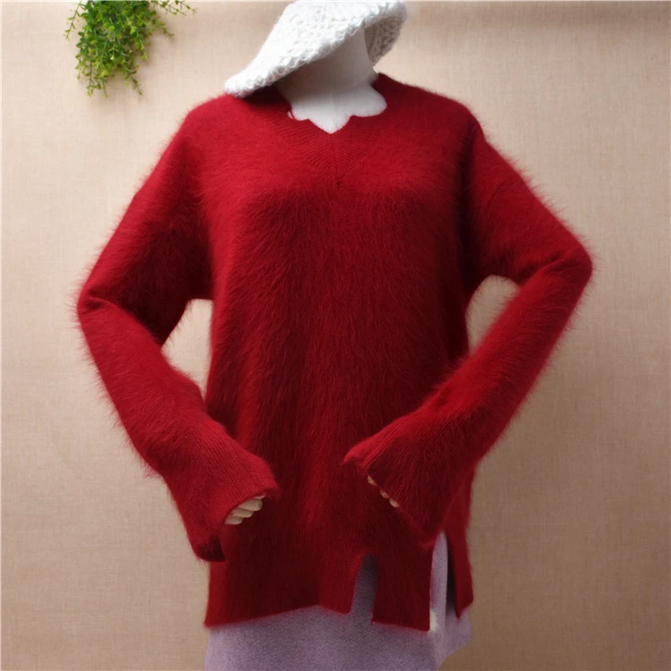 

ladies women fashion red v-neck fashion hole angora rabbit fur knitwear long sleeves loose pullover mink fur jumper sweater pull