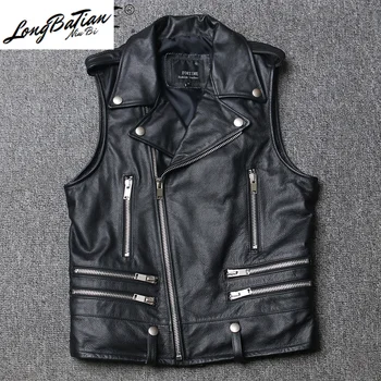 

100% Genuine Vest Cow Leather Coat Motorcycle Jacket Men Spring Autumn Sleeveless Men's Jackets KJ5108