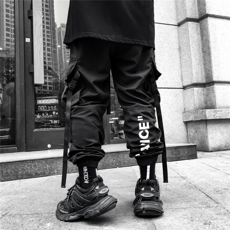 Уличная одежда, спортивные штаны для мужчин, Jogger, эластичная резинка на талии, длина по щиколотку, брюки, лента, модные мужские джоггеры, черные брюки карго для мужчин, HZ154